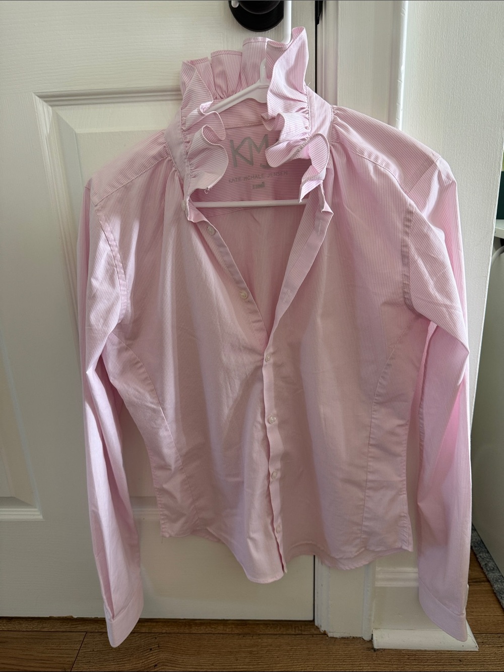 KMJ Quarantina Ruffle Collar Button down shirt light pink/white stripe XS NWOT